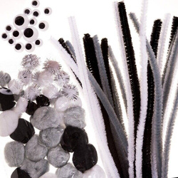CHENILLEDRAHT Pfeifenreiniger Plüsch Basteldraht mit Pompons - Weiß, grau, schwarz