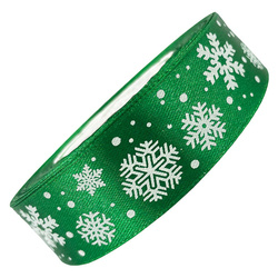 Grünes Satinband mit Schneeflocken 25mm x 23m