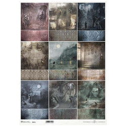 ITD Reispapier Decoupage Bastelpapier, A3 863L blaues Schloss, Friedhof, Raben, Gespenster