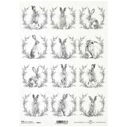 ITD Reispapier Decoupage Bastelpapier, R2015 Hasen, Kränze Schwarz und weiß