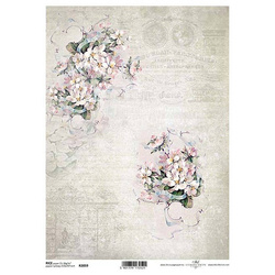 ITD Reispapier Decoupage Bastelpapier R2059 Obstblüten, Inschriften, Notizen