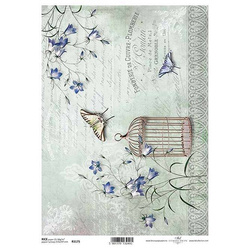 ITD Reispapier Decoupage Bastelpapier Serviettentechnik-R1175 - A4, Schmetterlinge, Vogelkäfig, Glocken