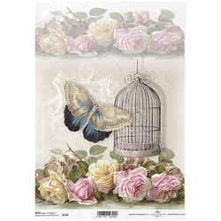 ITD Reispapier Decoupage Bastelpapier Serviettentechnik-R759 - A4 Käfig, Schmetterling, Rosen