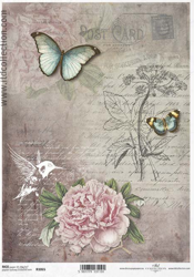 ITD Reispapier für Decoupage A4 ITD-R1065 Vintage Schmetterling Kolibri Blume