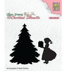 NELLIE'S Transparent Acryl Stempel Motivstempel - Mädchen mit Weihnachtsbaum Geschenk