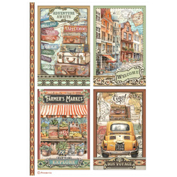 Reispapier Decoupage Bastelpapier A4  - Stamperia - Art of Travelling  4 Karten