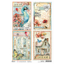 Reispapier Decoupage Bastelpapier Ciao Bella für A4-Decoupage - Majestic Dream cards - Pfau, Herz, Tür, Haus