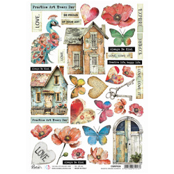 Reispapier Decoupage Bastelpapier Ciao Bella für A4-Decoupage - Majestic Dream elements - Mohnblumen, Pfau, Haus