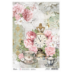 Reispapier Decoupage Bastelpapier Ciao Bella für A4-Decoupage - Timeless Moment Sips of Eternity, Uhr, Blumen, Tassen