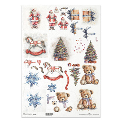 Reispapier Decoupage Bastelpapier für Decoupage A3 ITD-1294L Weihnachtsmann, Schaukelpferd, Teddybär, Schneeflocke, Geschenk, Weihnachtsbaum