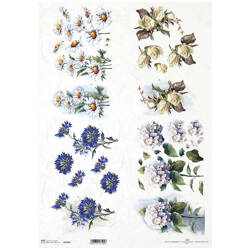 Reispapier für Decoupage A3 ITD-1090L Gänseblümchen, Kornblumen, Hortensien, Rosen