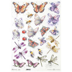 Reispapier für Decoupage A3 ITD-1097L Schmetterlinge, Libellen, Bienen, Marienkäfer