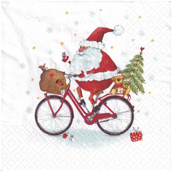 SERVIETTEN 1 Stück Motivservietten Decoupage Napkin 33x33cm, Weihnachtsmann auf dem Fahrrad
