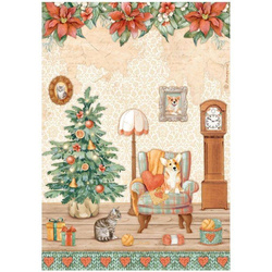 STAMPERIA A4 Reispapier Decoupage Bastelpapier, All Around Christmas Das Zimmer, der Hund