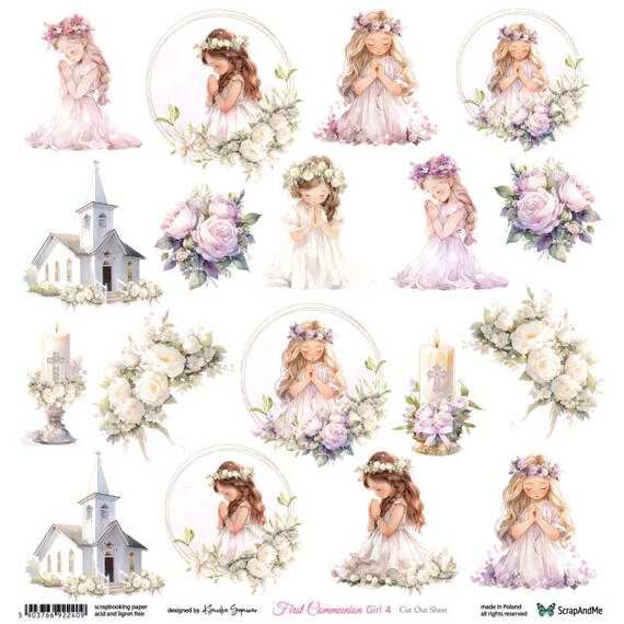 30x30cm doppelseitig Scrapbooking Papier - ScrapAndMe - First Communion girl 4 - Ausschneidebogen