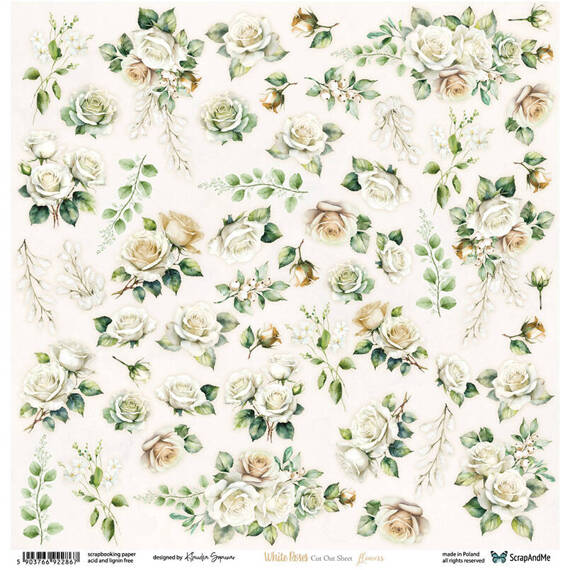 30x30cm doppelseitig Scrapbooking Papier - ScrapAndMe - White Roses  - Flowers - Ausschneidebogen