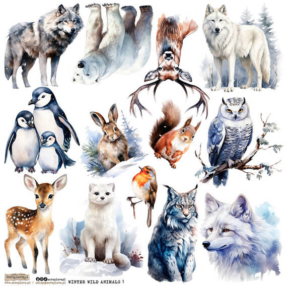 AUFKLEBER ScrapLove Winter Wild Animals 1 - Winter Wildtiere 1 Wolf Pinguin Bär