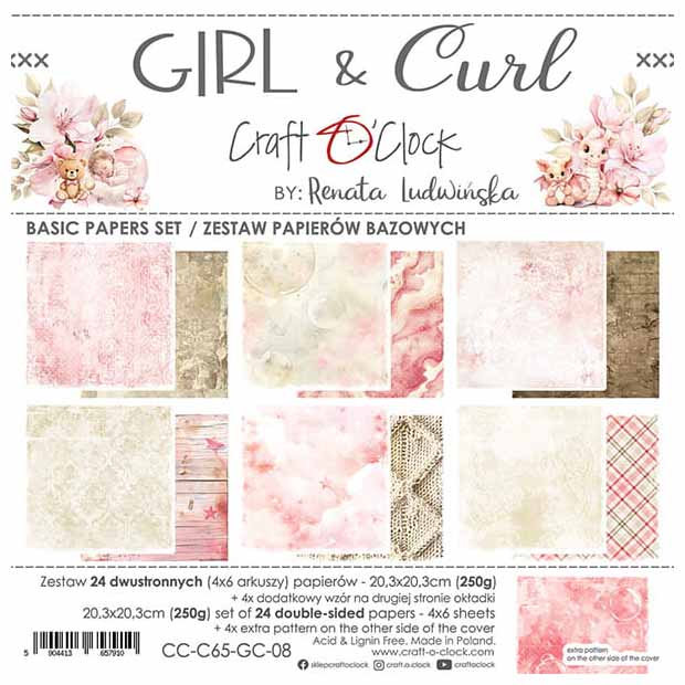 CRAFT OCLOCK 24 Blatt 20x20cm doppelseitig Scrapbooking Papier 190g, Girl & Curl Basic