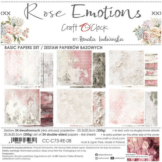 CRAFT OCLOCK 24 Blatt 20x20cm doppelseitig Scrapbooking Papier, Rose Emotions BASIC