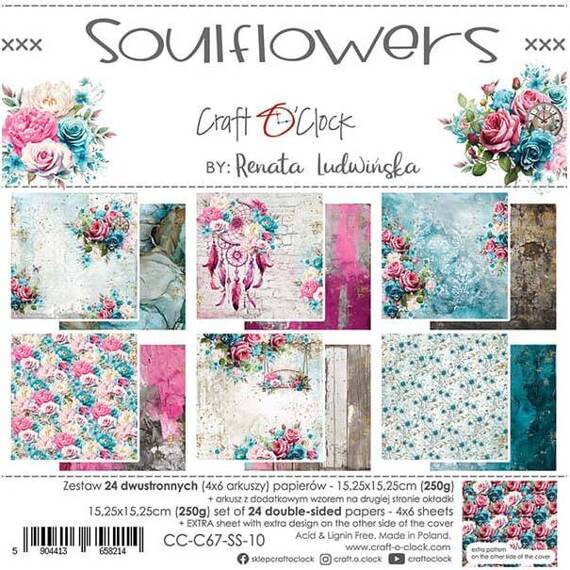 CRAFT OCLOCK Set 24 Blatt 15x15cm doppelseitig Scrapbooking Papier, Soulflowers