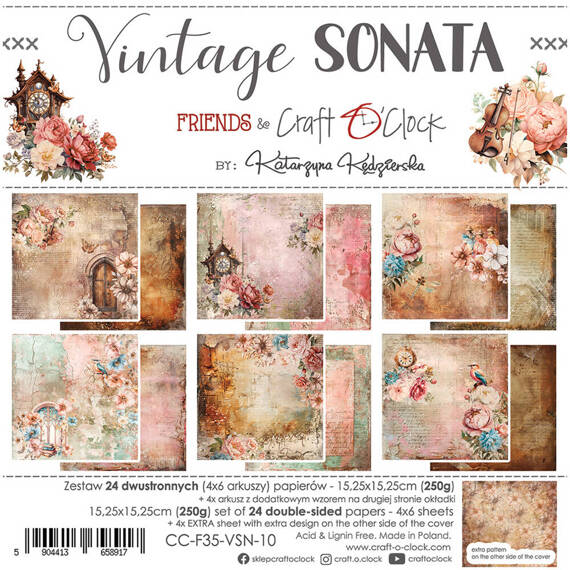 CRAFT OCLOCK Set 24 Blatt 15x15cm doppelseitig Scrapbooking Papier, Vintage Sonata