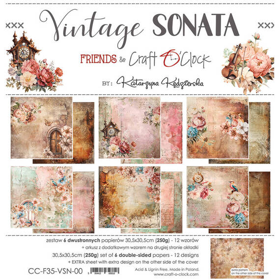 CRAFT OCLOCK Set 6 Blatt 30,5x30,5cm doppelseitig Scrapbooking Papier 250g, Vintage Sonata