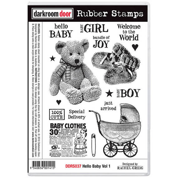 DARKROOM DOOR Gummistempel Motivstempel - Hello Baby Vol 1 - Teddybär, Kinderwagen