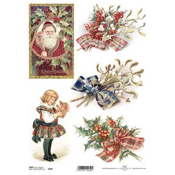 Decoupage-Papier A4 SOFT ITD-S349 / Mistelzweig, Stechpalme, Weihnachtsmann