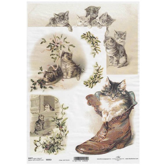 Decoupage Papier A4 SOFT ITD-S353 Katzen Mistelzweig