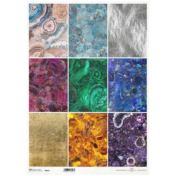 ITD Reispapier Decoupage Bastelpapier, A3 885L Gold, Achat, Amethyst, Malachit, Türkis, Silber, Azur, Rubin, Bernstein