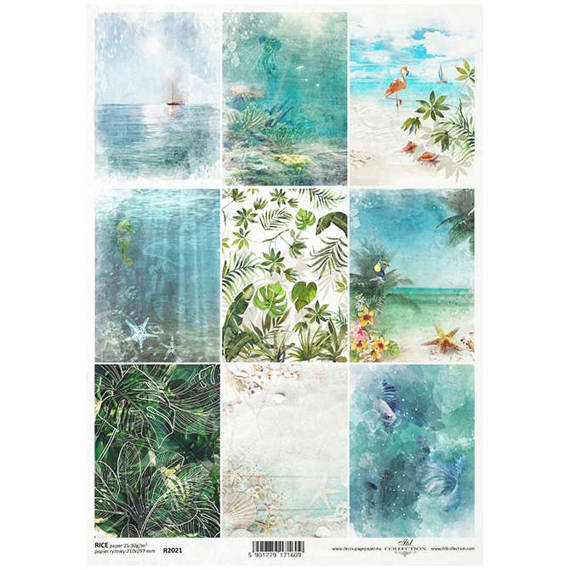 ITD Reispapier Decoupage Bastelpapier R2021 Tropische Träume: Muscheln, Segelboot, Fische, Seepferdchen