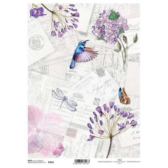 ITD Reispapier Decoupage Bastelpapier Serviettentechnik-R1063 Kolibri Vintage Blumen