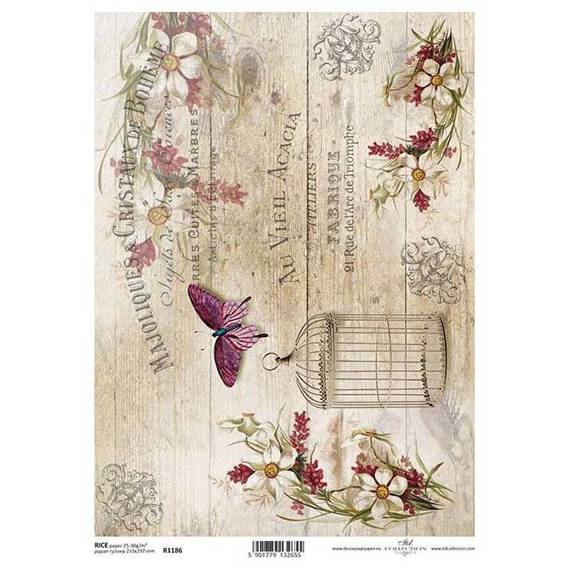 ITD Reispapier Decoupage Bastelpapier Serviettentechnik-R1186 - A4 Schmetterlingskäfig vintage