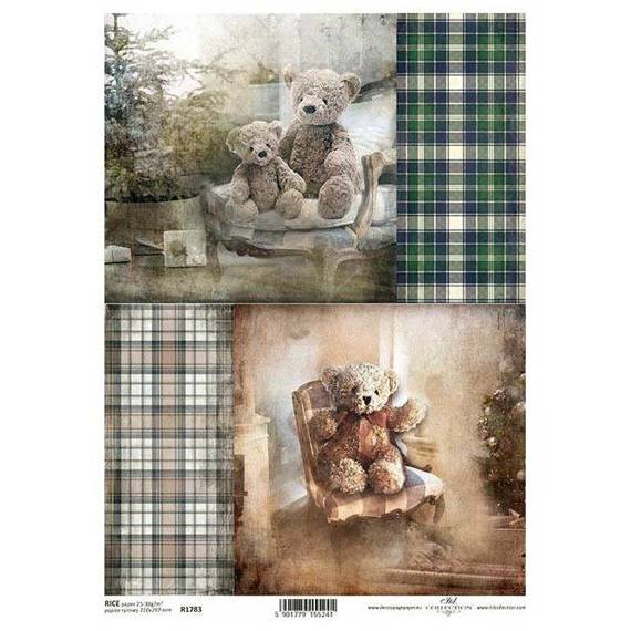 ITD Reispapier Decoupage Bastelpapier Serviettentechnik-R1783 Teddybären, Weihnachtsbaum, Weihnachtstag