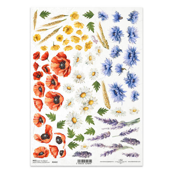 ITD Reispapier Decoupage Bastelpapier Serviettentechnik-R2422 Sommerblumen Mohnblumen Kornblumen