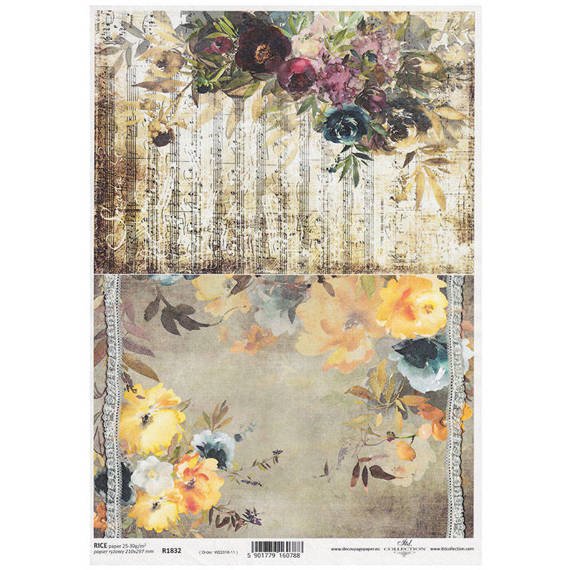 ITD Reispapier Decoupage Bastelpapier Softpapier, R1832 Blumen, Noten, Band, Spitze, Aquarell, 