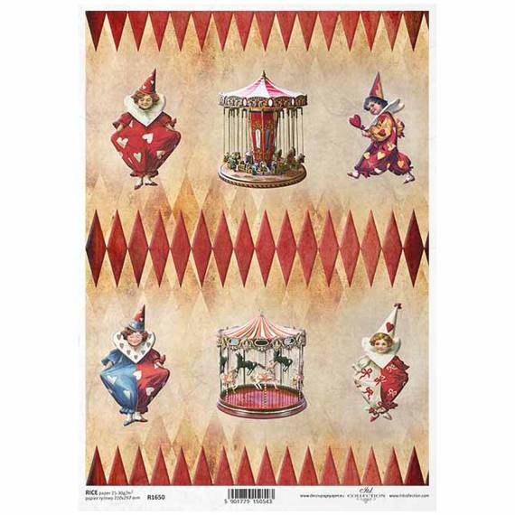 ITD Reispapier Decoupage Bastelpapier, Zirkus, Karussell, Rhumba, Clown R1650