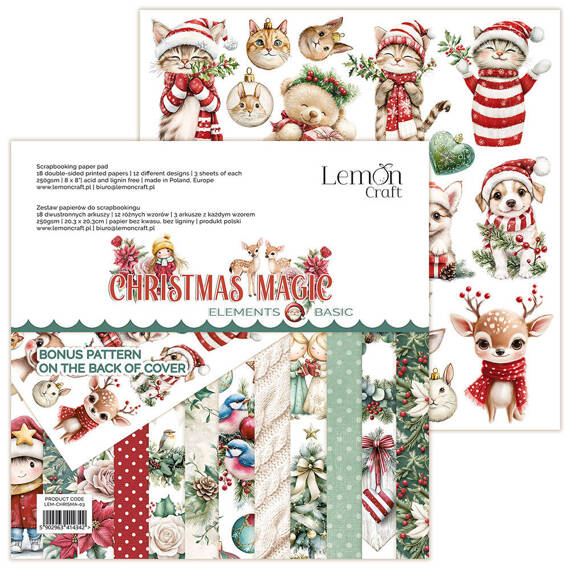 LEMONCRAFT 18Blatt 20x20cm doppelseitig Scrapbooking Papier 250g, Christmas Magic - Ausschneidbare Elemente