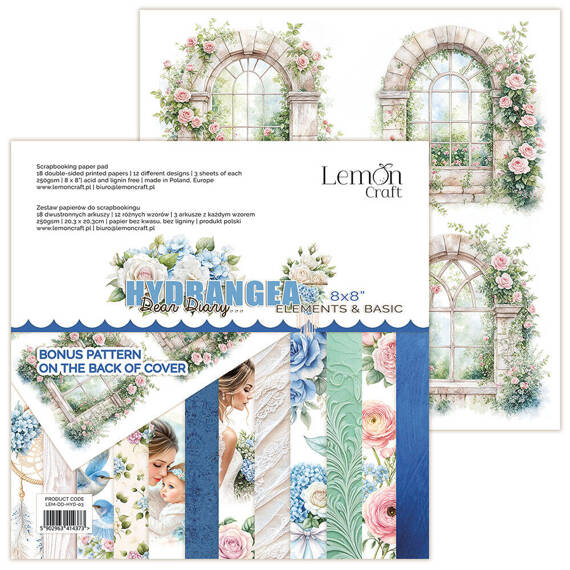 LEMONCRAFT 18Blatt 20x20cm doppelseitig Scrapbooking Papier 250g, Dear Diary - Hydrangea - Ausschneidbare Elemente