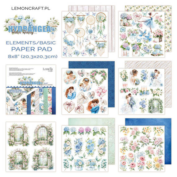 LEMONCRAFT 18Blatt 20x20cm doppelseitig Scrapbooking Papier 250g, Dear Diary - Hydrangea - Ausschneidbare Elemente