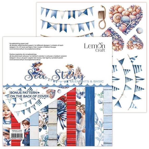 LEMONCRAFT 18Blatt 20x20cm doppelseitig Scrapbooking Papier 250g, Sea Story - Ausschneidbare Elemente