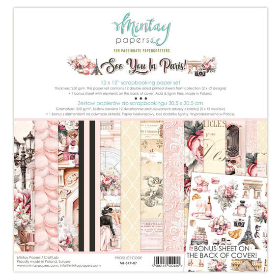 MINTAY Set 12Stk 30x30cm doppelseitig Scrapbooking Papier 240g - See You In Paris