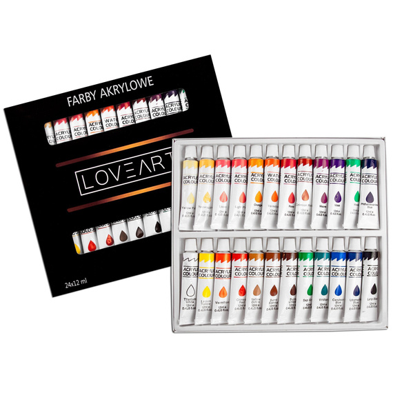 Malset LOVEART Acrylfarben 24x12ml + Pinsel + Malpalette / Pinselset Farbenset