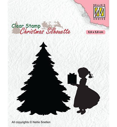 NELLIE'S Transparent Acryl Stempel Motivstempel - Mädchen mit Weihnachtsbaum Geschenk