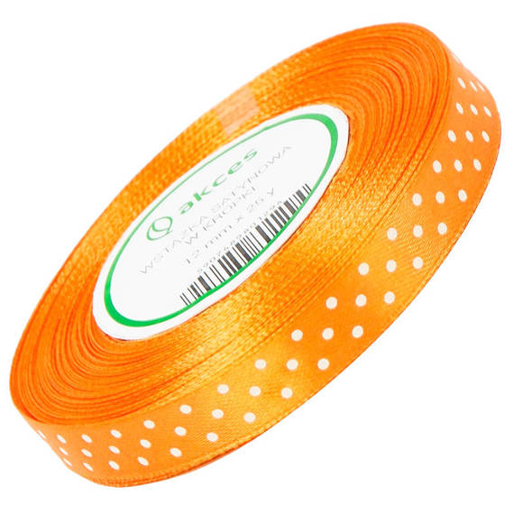 Orangefarbenes Satinband mit weißen Punkten 12mm 23m