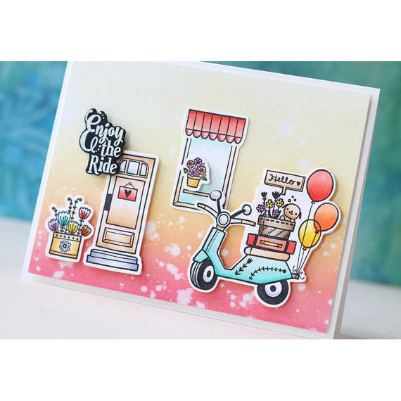 PINK FRESH Transparent Acryl Stempel Motivstempe - Scootin , Scooter