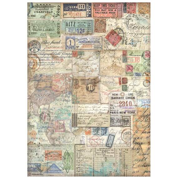 Reispapier Decoupage Bastelpapier A4 - Stamperia - Art of Travelling - Fahrkarten