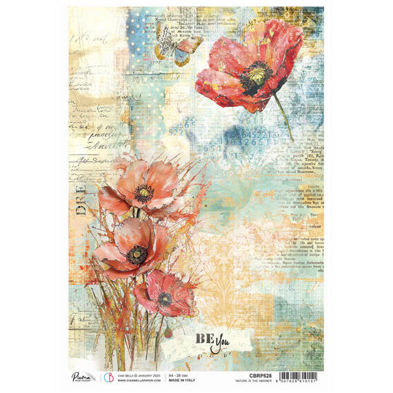 Reispapier Decoupage Bastelpapier Ciao Bella für A4-Decoupage - Majestic Dream Nature is the answer - Mohnblumen, Inschriften