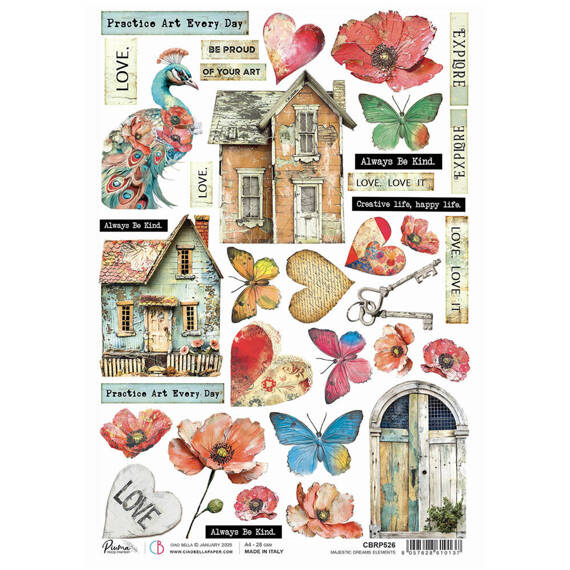 Reispapier Decoupage Bastelpapier Ciao Bella für A4-Decoupage - Majestic Dream elements - Mohnblumen, Pfau, Haus