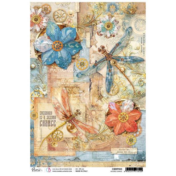 Reispapier Decoupage Bastelpapier Ciao Bella für A4-Decoupage - - Second Chance Libelle Zahnräder